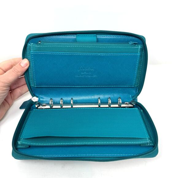 FiloFax Personal Compact Organizer Teal Saffiano Leather Planner Ring Zip Close - Picture 5 of 9